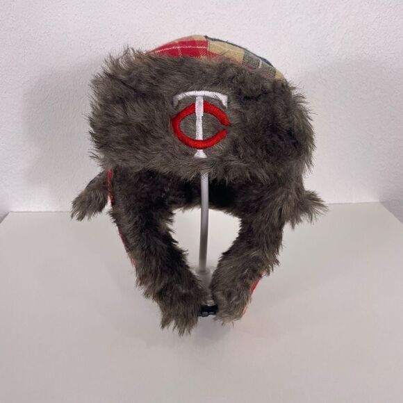 Minnesota Twins Tan, Red, & Blue Plaid Fur Lined Winter Trapper Hat - Picture 1 of 6